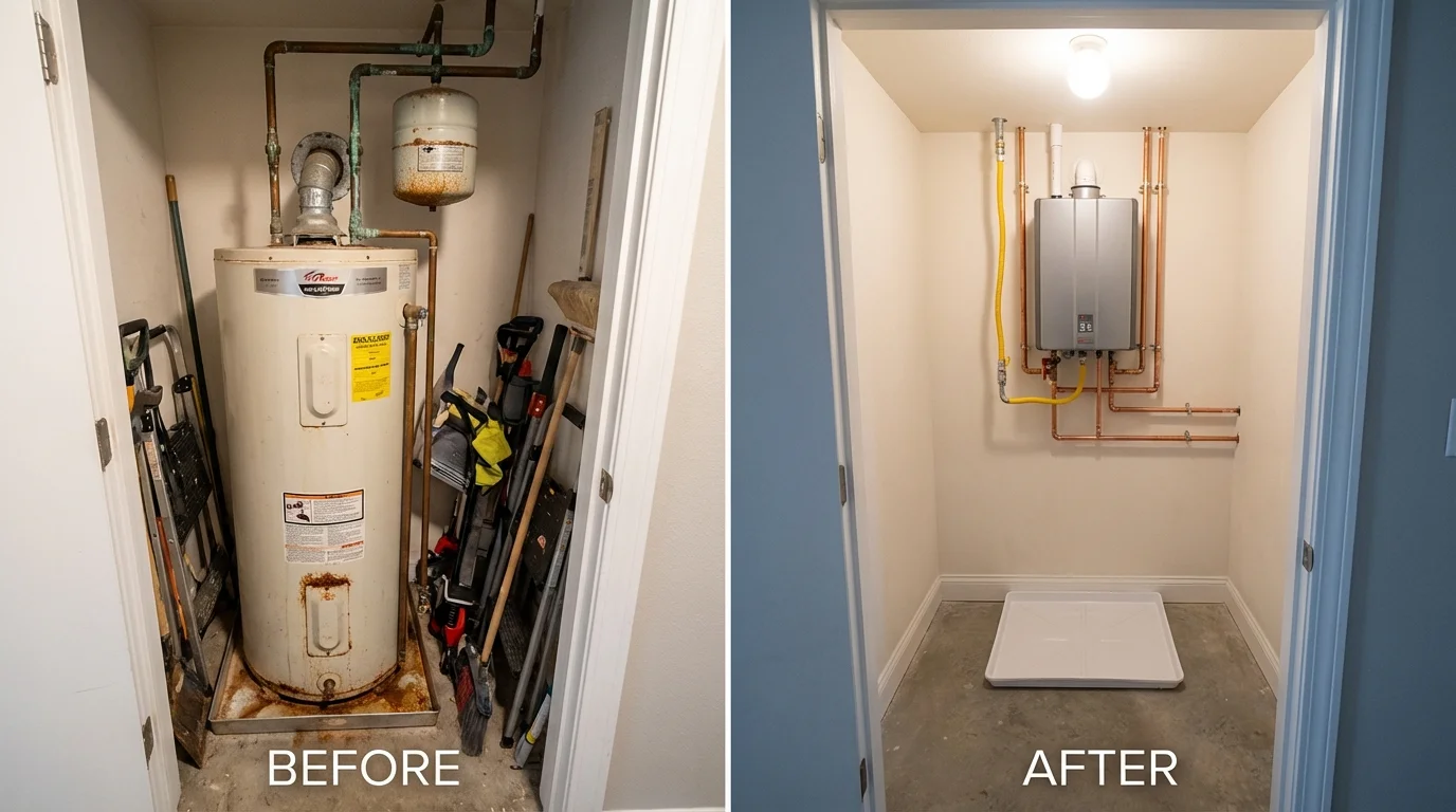 Tank water heater versus wall-mounted tankless unit comparison for Georgetown, IN homeowners