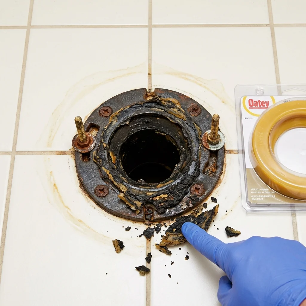 Failed wax ring showing water seepage at the base of a toilet in a Georgetown, IN home