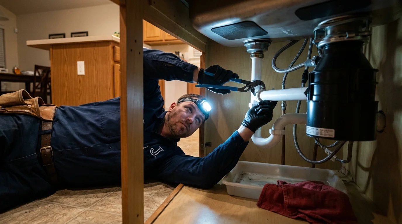 P-trap and supply line connections under a kitchen sink showing a common leak point in Georgetown, IN